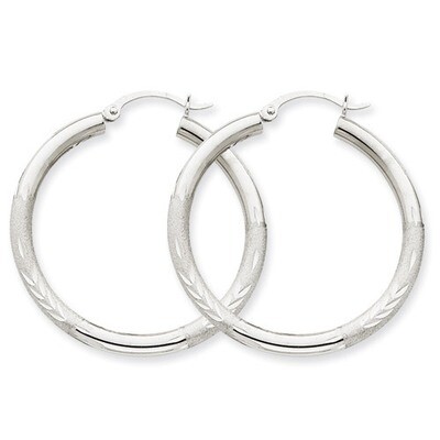 Satin &amp; Diamond-cut 3mm Round Hoop Earrings 10k White Gold 10TC275, MPN: 10TC275, 883957896731