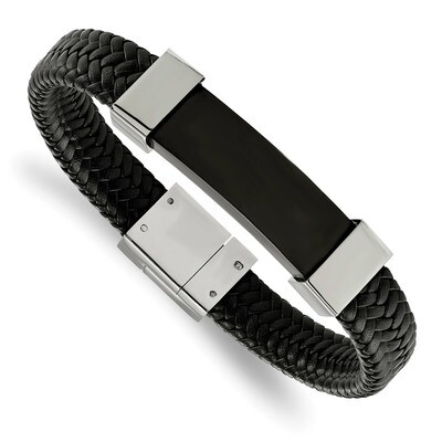 Black IP-plated with Black Leather 8.5 Inch Bracelet Stainless Steel Polished SRB1920-8.5 by Chisel…