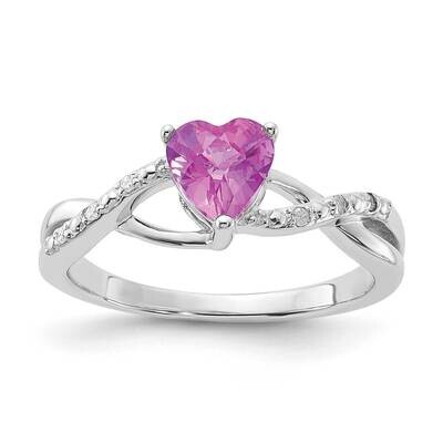 Sterling Silver Polished Created Pink Sapphire and Diamond Heart Ring RLS6302/CRPKSA-SS-7