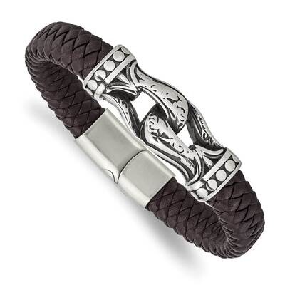 Polished Dark Brown Faux Leather 8.5 Inch Bracelet Stainless Steel Antiqued SRB2789-8.5, MPN: SRB27…