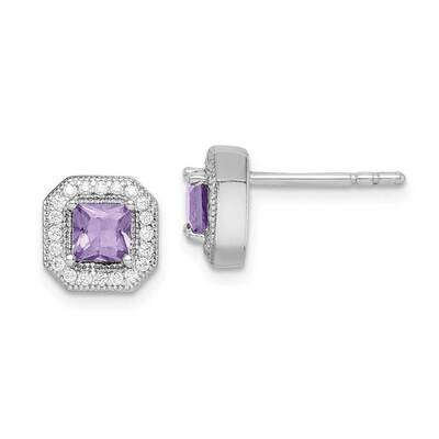 Purple &amp; Clear CZ Diamond Post Earrings Sterling Silver Rhodium Plated QE14470JUN, MPN: QE14470JUN,…