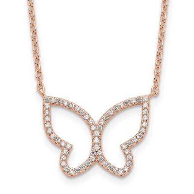 Polished Open Butterfly CZ Diamond with 2 In Extender Necklace 16 Inch Sterling Silver Rose-Tone QG…