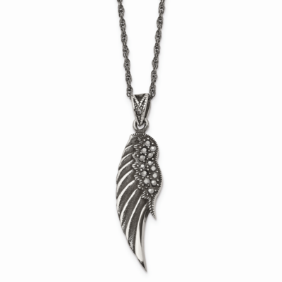 Marcasite and Antiqued Wing Pendant 20 inch Necklace Stainless Steel SRN1378-20 by Chisel, MPN: SRN…