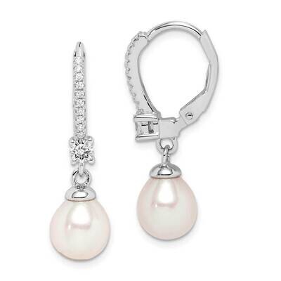 7-8mm White Rice Freshwater Cultured Pearl CZ Diamond Earrings Sterling Silver Rhodium Plated QE152…