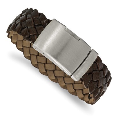 Brown Leather Bracelet Stainless Steel Brushed SRB1973-9 by Chisel, MPN: SRB1973-9, 191101603877