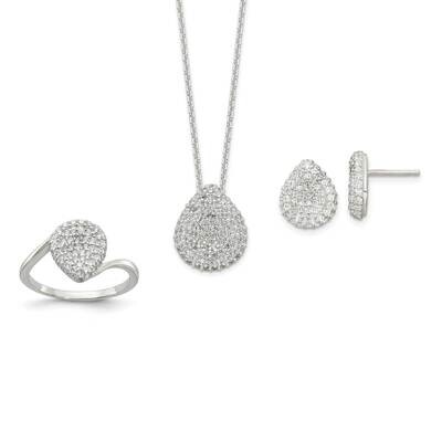 16 In with 1.5 In Extender CZ Diamond Pear Necklace, Earrings and Ring 16 Inch Sterling Silver QST2…