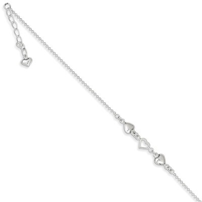 10 Inch Hearts Anklet adjustable to 9 Sterling Silver Polished QG1193-10, MPN: QG1193-10, 883957946…