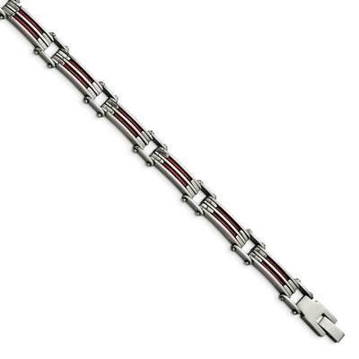 Metallic Red Leather Polished Link Bracelet Stainless Steel SRB1437-8.25 by Chisel, MPN: SRB1437-8.…