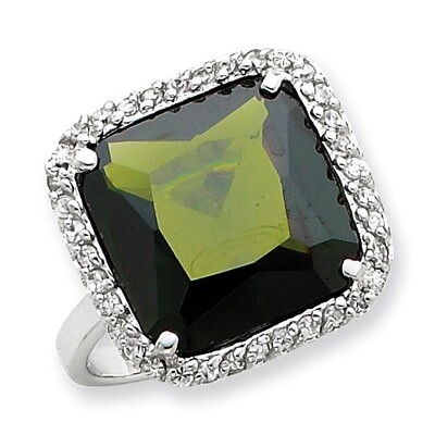 Square Clear &amp; Green CZ Ring Sterling Silver QR2223-8