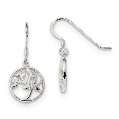 Tree Dangle Shepherd Hook Earrings Sterling Silver Polished QE13563, MPN: QE13563, 191101236327