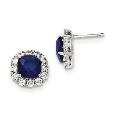 Blue Glass and CZ Diamond Post Earrings Sterling Silver Polished QE12493, MPN: QE12493, 883957777153