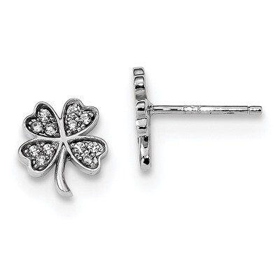 CZ Diamond 4 Leaf Clover Post Earrings Sterling Silver Rhodium-plated QE13367, MPN: QE13367, 191101…