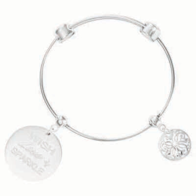 Nikki Lissoni Charm Bangle with Two Fixed Charms Wish. Love. Sparkle. Baroque Fantasy Silver-Plated…