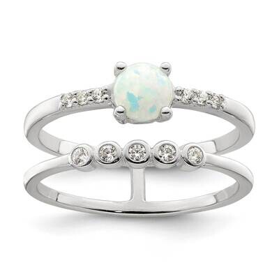 Created White Opal Double BRing Sterling Silver Cz Diamond QR7332-6, MPN: QR7332-6,