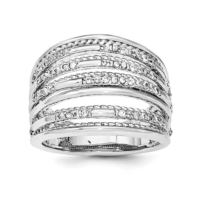 CZ Diamond Rope Multi Row Ring Sterling Silver Rhodium-plated QR6257, MPN: QR6257,