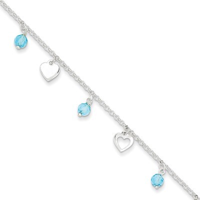 9 Inch 9 Polished Heart and Blue Glass &amp; Extension Anklet Sterling Silver QG3149-9, MPN: QG3149-9, …
