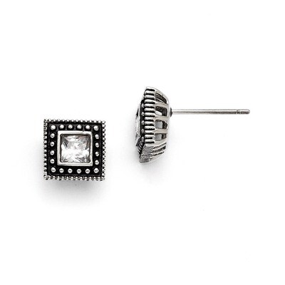 Square Synthetic Diamond Antiqued Post Earrings - Stainless Steel SRE712 by Chisel, MPN: SRE712, 19…