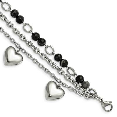 Black &amp; White Agate with Hearts Bracelet Stainless Steel Polished SRB1447-7.5 by Chisel, MPN: SRB14…