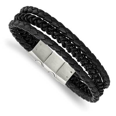 Polished Black Ip Leather with .5 Inch Extender Bracelet Stainless Steel Brushed SRB3010-8, MPN: SR…