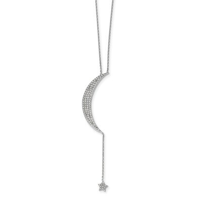 CZ Diamond Moon &amp; Star with 2 inch Extender Necklace 16 Inch Sterling Silver Rhodium-plated QG4320-…