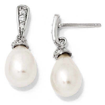 Fresh Water Cultured Pearl Post Dangle Earrings Sterling Silver Synthetic Diamond QCM836, MPN: QCM8…