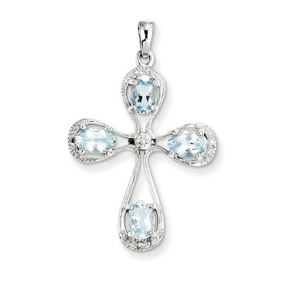 Aqua &amp; Diamond Cross Pendant Sterling Silver Rhodium QDX885, MPN: QDX885, 883957399478