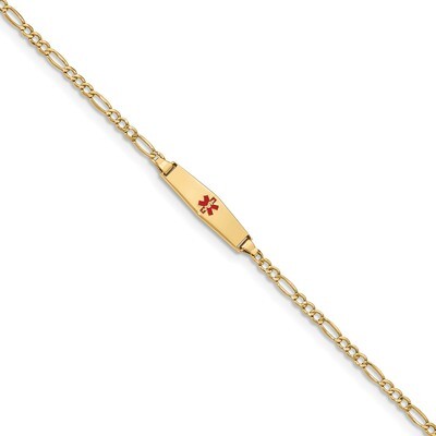 6 Inch Medical Soft Diamond Shape Red Enamel ID w Semi-Solid Figaro Bracelet 14k Gold XM598CC-6, MP…