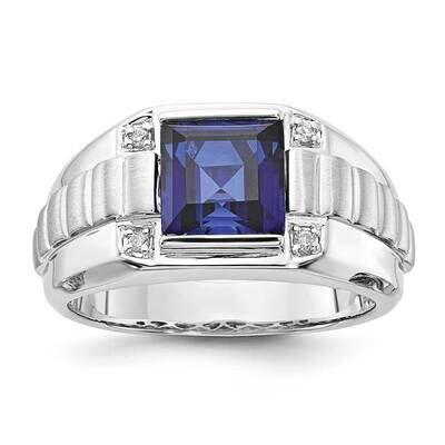 Sterling Silver Polished &amp; Brushed 1 - 8X8 Cr. Sapphire &amp; Diamond Ring RMS1674/CRSA-SSBBB