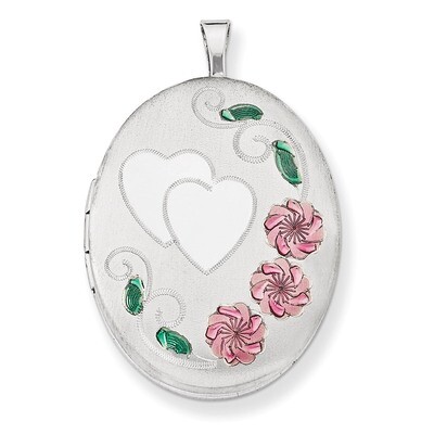 Enameled, Diamond-cut Floral &amp; Heart Oval Locket Sterling Silver 26mm QLS417, MPN: QLS417, 88395756…