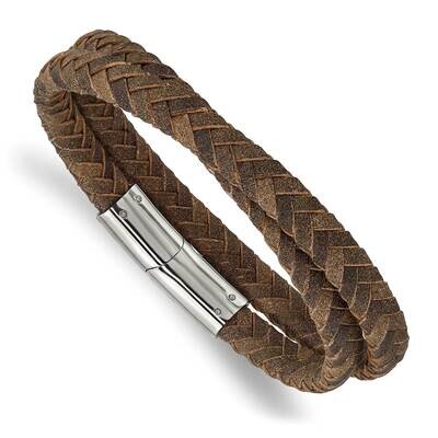 Brown Leather 14.75 Inch Wrap Bracelet Stainless Steel Polished SRB2811, MPN: SRB2811, 191101860201