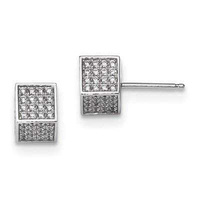 CZ Diamond 3D Square Post Earrings Sterling Silver Rhodium-plated QE13707, MPN: QE13707,