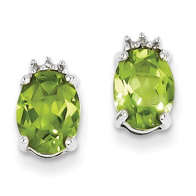 Oval Peridot &amp; Diamond Post Earrings Sterling Silver Rhodium QDX828, MPN: QDX828, 883957399300