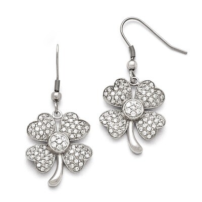 Polished 4-Leaf Clover with Synthetic Diamond Shepherd Hook Earrings - Stainless Steel SRE807 by Ch…