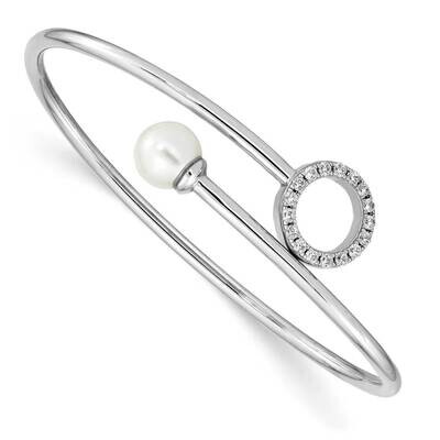Imitation Shell Pearl &amp; Wht CZ Diamond Flexible Bangle Sterling Silver Rhodium-plated QB1236, MPN: …