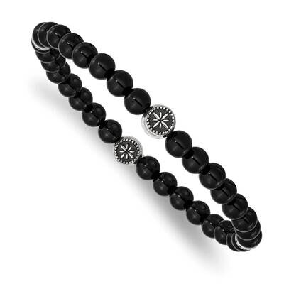 Polished Black Agate Beaded Stretch Bracelet Stainless Steel Antiqued SRB2949, MPN: SRB2949, 191101…