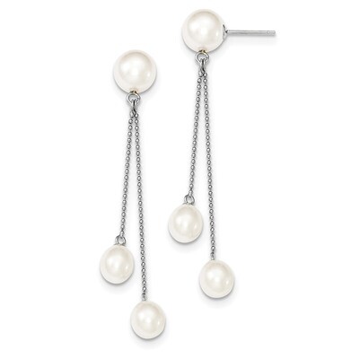 6-9mm White Cultured Freshwater 3-Pearl Post Dangle Earrings Sterling Silver Rhodium-plated QE12779…