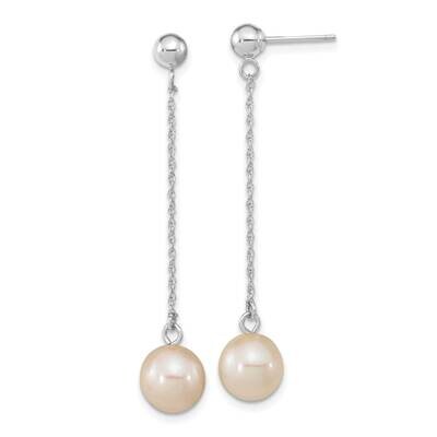 7-8mm White Round Freshwater Cultured Pearl Dangle Post Earrings 14k White Gold XFW652E, MPN: XFW65…