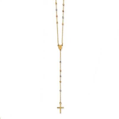 Tri-Color Polished Bead Rosary Hollow Miraculous Medal 24 Inch Necklace 14k Gold SF2556-24, MPN: SF…