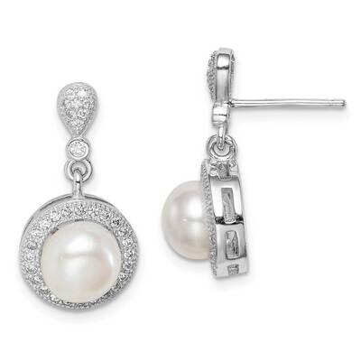 8mm White Freshwater Cultured Pearl CZ Diamond Post Earrings Sterling Silver Rhodium-plated QE15273…