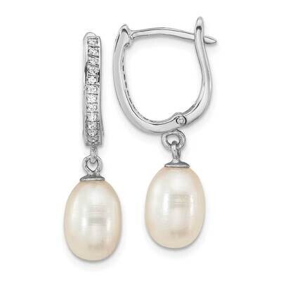 CZ Diamond 7 To10mm Rice Fwc Pearl Hoop Dangle Earrings Sterling Silver Rhodium-Plated QE16365, MPN…