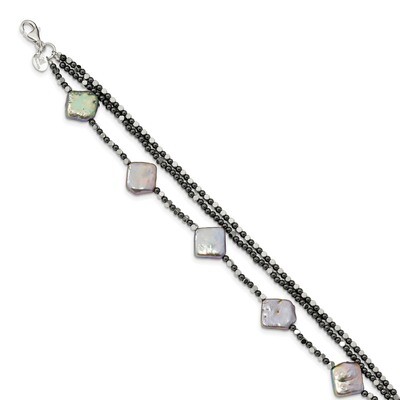 Hematite &amp; Freshwater CuLight Pearl 3-Strand w1 inch Extender Fancy Bracelet 8 Inch Sterling Silver…