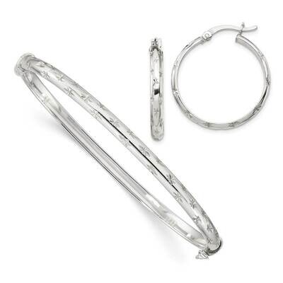 Bangle 4mm &amp; Hoop 3mm Earring Set Sterling Silver Diamond Cut QB1329SET, MPN: QB1329SET, 8867740954…