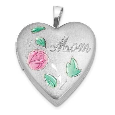 Enameled Flower with Mom 20mm Heart Locket Sterling Silver Rhodium-plated QLS1033, MPN: QLS1033,