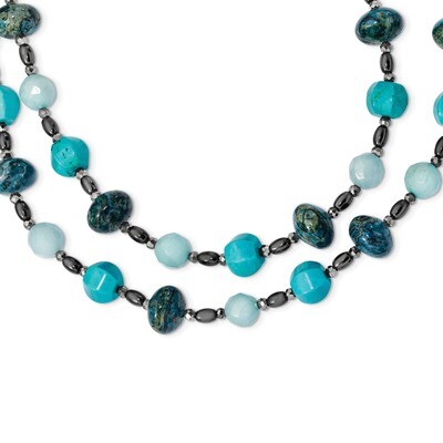 Crys. Hem. Bl.Quartz Recon.Turquoise Agate 2-Strand w2 inch Extender Necklace 24 Inch Sterling Silv…