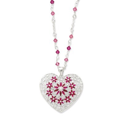Pink Enameled &amp; CZ Fancy Heart Necklace Sterling Silver QG2848-18