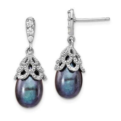 CZ Diamond &amp; FWC Black Drop Pearl Post Earrings Sterling Silver Rhodium-plated QCM1412, MPN: QCM141…