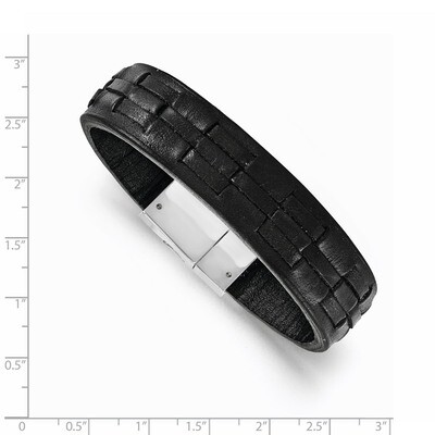 Polished Black Leather Bracelet - Stainless Steel SRB1639-8 by Chisel, MPN: SRB1639-8, 191101602627