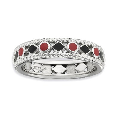 Red/Black Enameled Ring Sterling Silver Polished QSK601-10