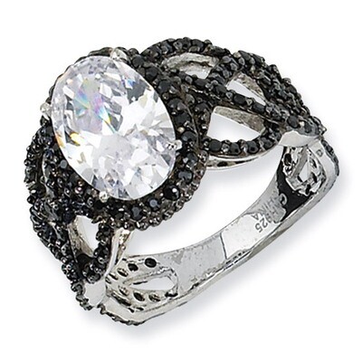Sterling Silver Black-plated Fancy Oval Black/Wht Diamond Ring QCM349-7