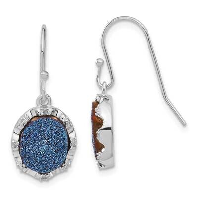 Sterling Silver Polished Blue Druzy &amp; Diamond Oval Dangle Earrings EXS1856/D39059-SS